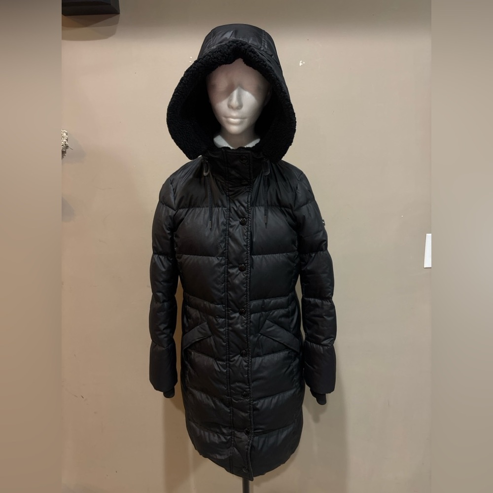 Coach New York F34128 Black Down Puffer Coat XS Long Hooded Coat with Faux Shear